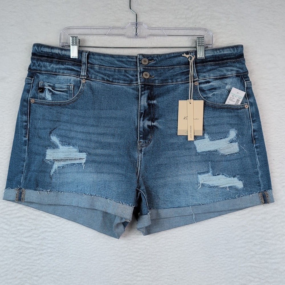 NWT KanCan Jean Shorts Women's 33 Stacked Waist Cuffed Raw Hem Distressed Blue